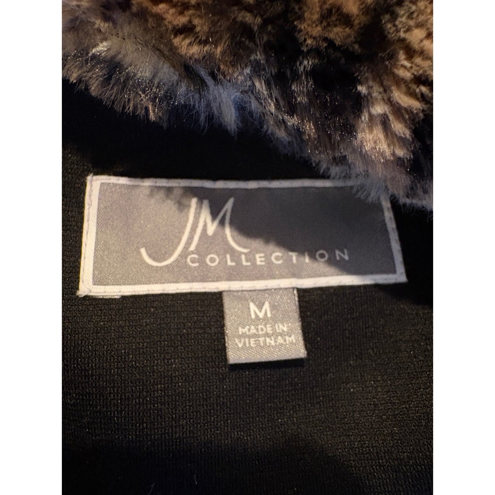 JM Collection Leopard Print Faux Fur Jacket Womens Medium Brown Black Collared - Picture 11 of 11